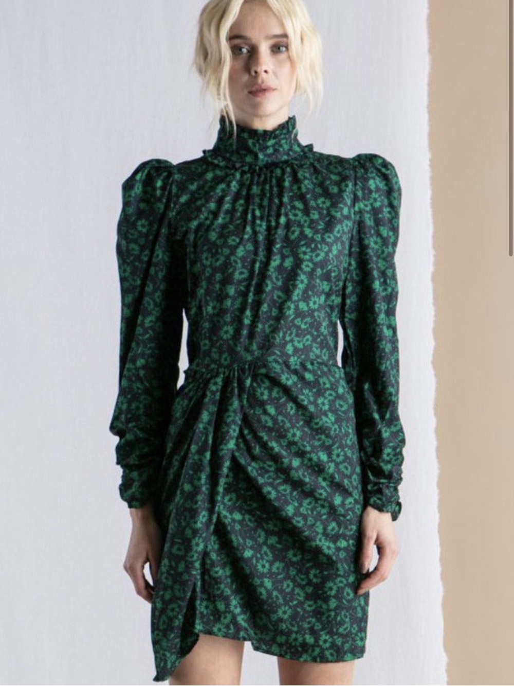 ZARA | The Aleyah Black Dress with Green Floral Print Long Sleeves